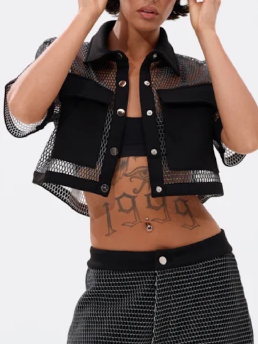 Akira Stephania Transparent Black Button Down Crop Short Sleeve Shirt Size M